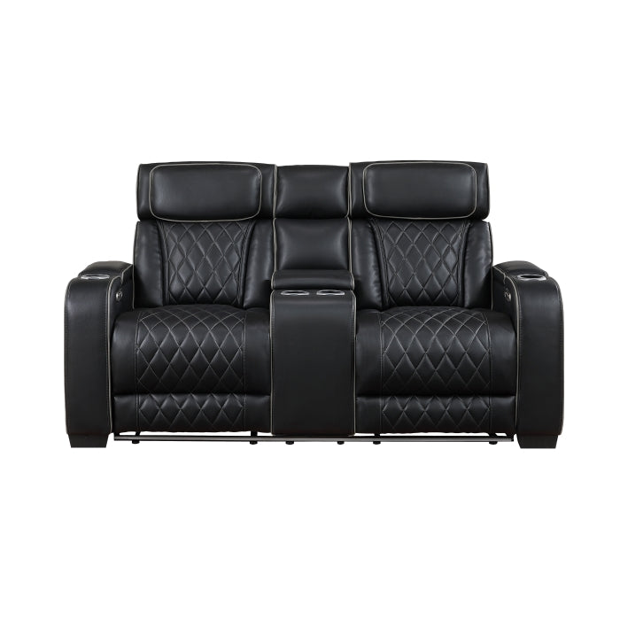 Fairway Collection Power Double Reclining Love Seat with Center Console, Power Headrests, Storage Arms(Top and Side), Cup holders, Charging Ports and LED lighting