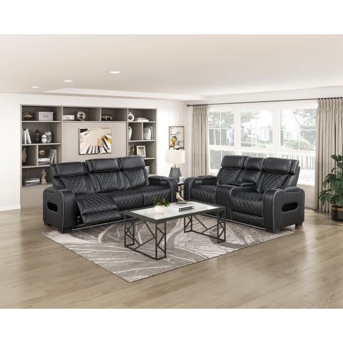 Fairway Collection Power Double Reclining Love Seat with Center Console, Power Headrests, Storage Arms(Top and Side), Cup holders, Charging Ports and LED lighting