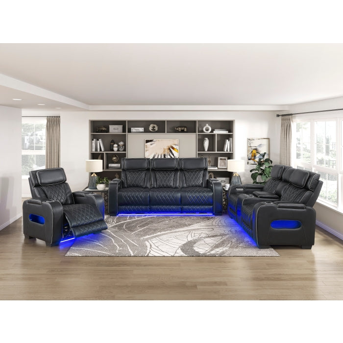 Fairway Collection Power Double Reclining Love Seat with Center Console, Power Headrests, Storage Arms(Top and Side), Cup holders, Charging Ports and LED lighting