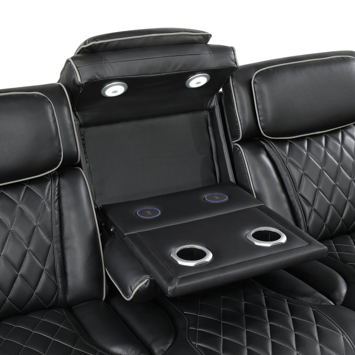 Fairway Collection Power Double Reclining Sofa with Center Drop-Down Cup Holders, Power Headrests, Storage Arms(Top and Side), Cup holders and Reading Lights, Two Wireless Chargers, Charging Ports and LED Lighting