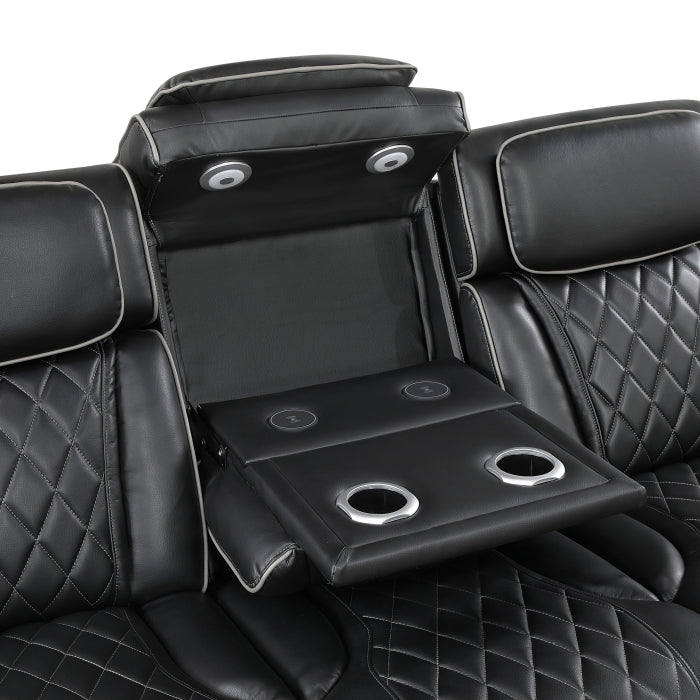 Fairway Collection Power Double Reclining Sofa with Center Drop-Down Cup Holders, Power Headrests, Storage Arms(Top and Side), Cup holders and Reading Lights, Two Wireless Chargers, Charging Ports and LED Lighting