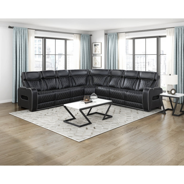 Fairway Collection 3-Piece Power Reclining Sectional with Center Drop-Down Cup Holders, Power Headrests, Storage Arms(Top and Side), Cup holders, Charging Ports, Reading Lights, Wireless Chargers, Charging Ports and LED Lighting