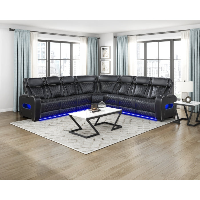 Fairway Collection 3-Piece Power Reclining Sectional with Center Drop-Down Cup Holders, Power Headrests, Storage Arms(Top and Side), Cup holders, Charging Ports, Reading Lights, Wireless Chargers, Charging Ports and LED Lighting