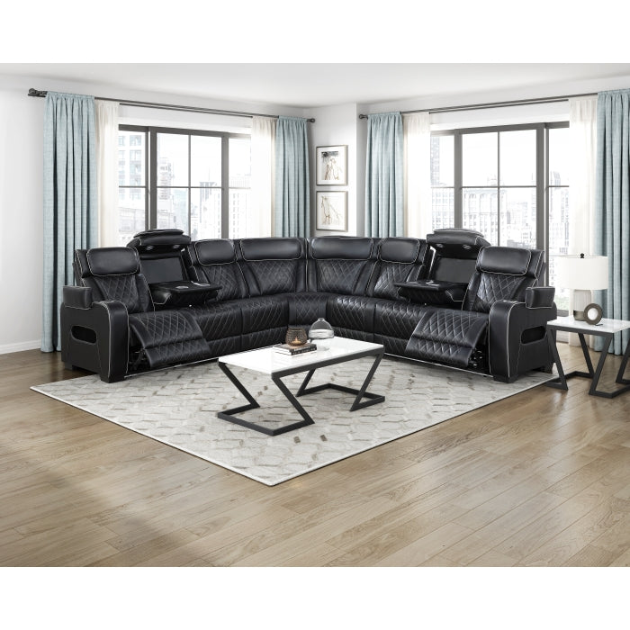 Fairway Collection 3-Piece Power Reclining Sectional with Center Drop-Down Cup Holders, Power Headrests, Storage Arms(Top and Side), Cup holders, Charging Ports, Reading Lights, Wireless Chargers, Charging Ports and LED Lighting