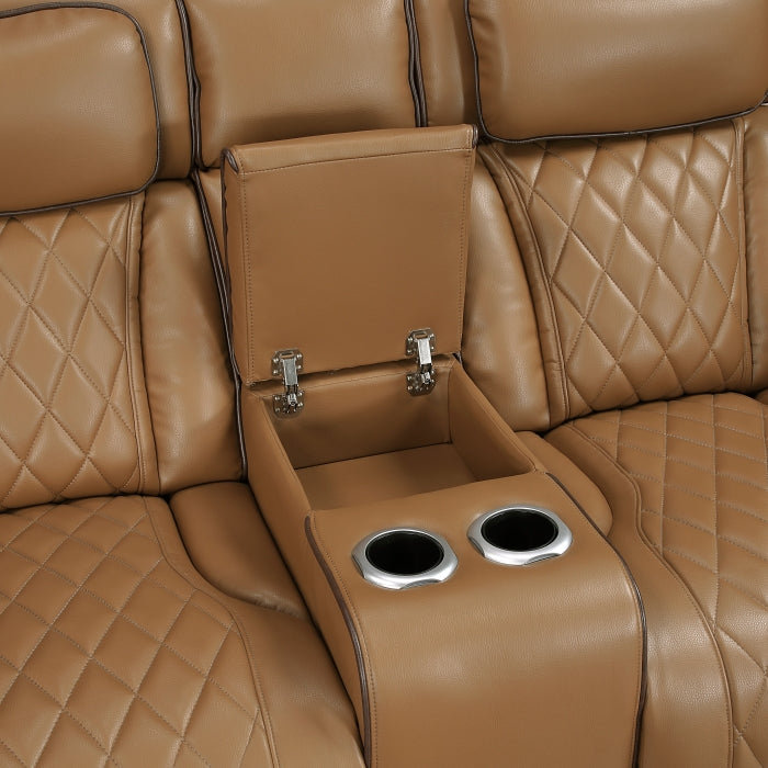 Fairway Collection Power Double Reclining Love Seat with Center Console, Power Headrests, Storage Arms(Top and Side), Cup holders, Charging Ports and LED lighting