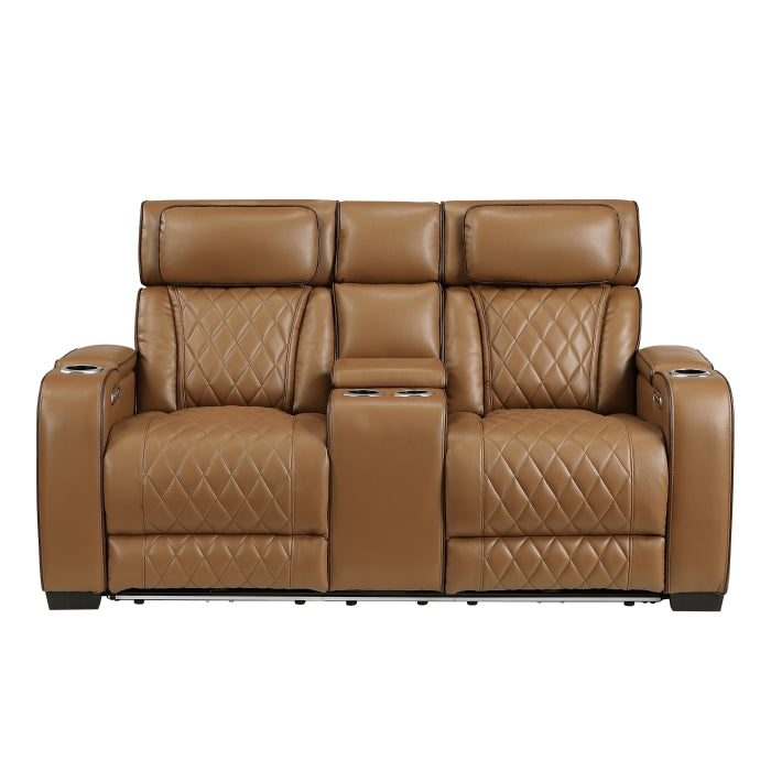 Fairway Collection Power Double Reclining Love Seat with Center Console, Power Headrests, Storage Arms(Top and Side), Cup holders, Charging Ports and LED lighting