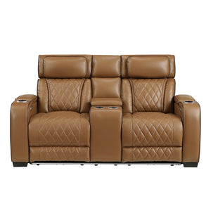 Fairway Collection Power Double Reclining Love Seat with Center Console, Power Headrests, Storage Arms(Top and Side), Cup holders, Charging Ports and LED lighting