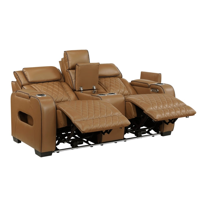 Fairway Collection Power Double Reclining Love Seat with Center Console, Power Headrests, Storage Arms(Top and Side), Cup holders, Charging Ports and LED lighting