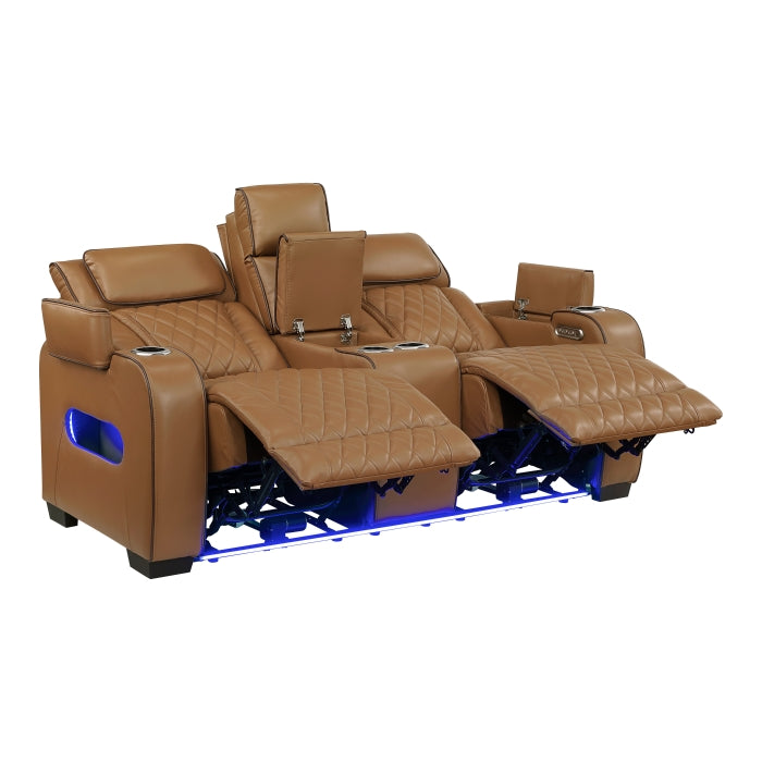Fairway Collection Power Double Reclining Love Seat with Center Console, Power Headrests, Storage Arms(Top and Side), Cup holders, Charging Ports and LED lighting