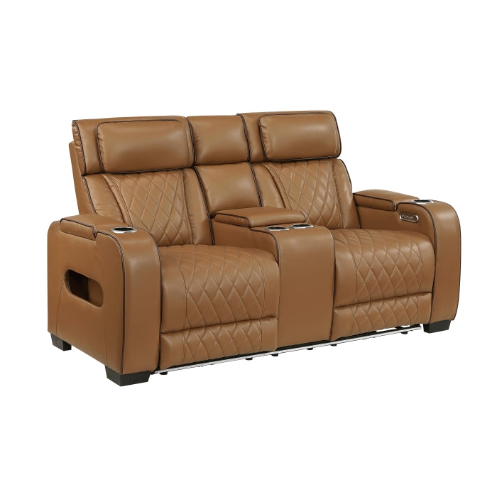 Fairway Collection Power Double Reclining Love Seat with Center Console, Power Headrests, Storage Arms(Top and Side), Cup holders, Charging Ports and LED lighting