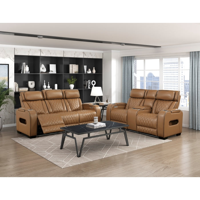 Fairway Collection Power Double Reclining Sofa with Center Drop-Down Cup Holders, Power Headrests, Storage Arms(Top and Side), Cup holders and Reading Lights, Two Wireless Chargers, Charging Ports and LED Lighting