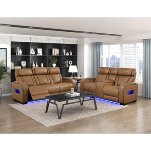 Fairway Collection Power Double Reclining Love Seat with Center Console, Power Headrests, Storage Arms(Top and Side), Cup holders, Charging Ports and LED lighting