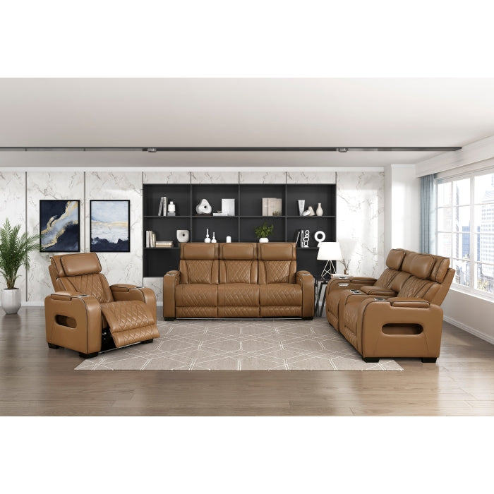 Fairway Collection Power Double Reclining Love Seat with Center Console, Power Headrests, Storage Arms(Top and Side), Cup holders, Charging Ports and LED lighting