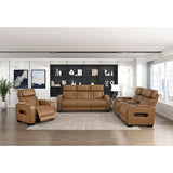 Fairway Collection Power Double Reclining Love Seat with Center Console, Power Headrests, Storage Arms(Top and Side), Cup holders, Charging Ports and LED lighting