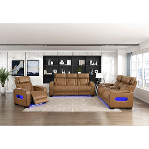 Fairway Collection Power Double Reclining Sofa with Center Drop-Down Cup Holders, Power Headrests, Storage Arms(Top and Side), Cup holders and Reading Lights, Two Wireless Chargers, Charging Ports and LED Lighting