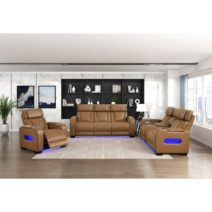 Fairway Collection Power Double Reclining Love Seat with Center Console, Power Headrests, Storage Arms(Top and Side), Cup holders, Charging Ports and LED lighting