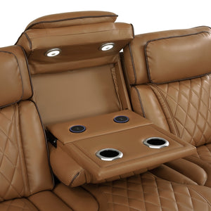 Fairway Collection Power Double Reclining Sofa with Center Drop-Down Cup Holders, Power Headrests, Storage Arms(Top and Side), Cup holders and Reading Lights, Two Wireless Chargers, Charging Ports and LED Lighting