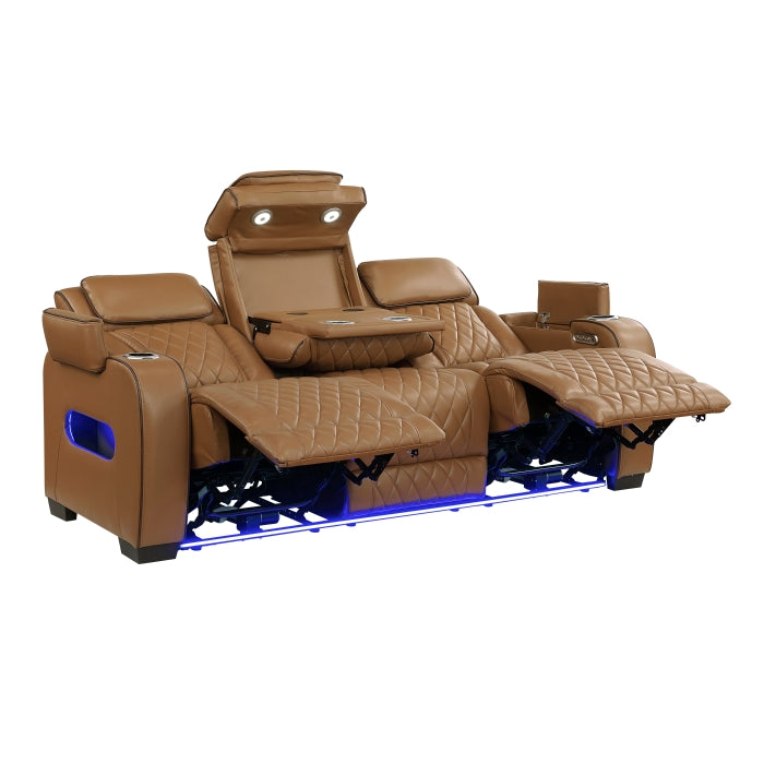 Fairway Collection Power Double Reclining Sofa with Center Drop-Down Cup Holders, Power Headrests, Storage Arms(Top and Side), Cup holders and Reading Lights, Two Wireless Chargers, Charging Ports and LED Lighting