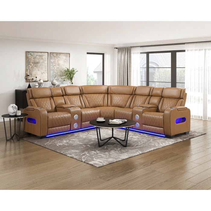 Fairway Collection 3-Piece Power Reclining Sectional with Consoles, Power Headrests, Storage Arms(Top and Side), Cup holders, Charging Ports, Wireless speakers and LED lighting
