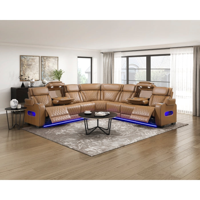 Fairway Collection 3-Piece Power Reclining Sectional with Center Drop-Down Cup Holders, Power Headrests, Storage Arms(Top and Side), Cup holders, Charging Ports, Reading Lights, Wireless Chargers, Charging Ports and LED Lighting