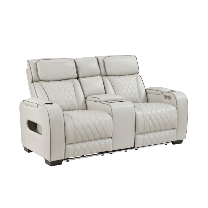 Fairway Collection Power Double Reclining Love Seat with Center Console, Power Headrests, Storage Arms(Top and Side), Cup holders, Charging Ports and LED lighting