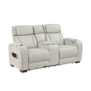 Fairway Collection Power Double Reclining Love Seat with Center Console, Power Headrests, Storage Arms(Top and Side), Cup holders, Charging Ports and LED lighting
