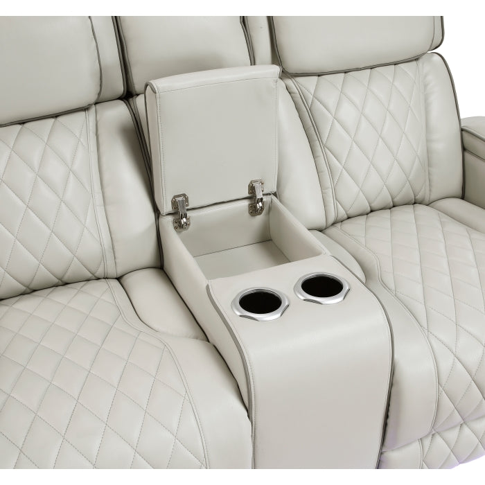 Fairway Collection Power Double Reclining Love Seat with Center Console, Power Headrests, Storage Arms(Top and Side), Cup holders, Charging Ports and LED lighting