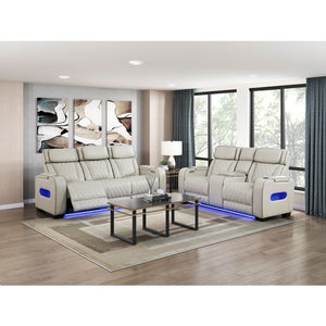 Fairway Collection Power Double Reclining Love Seat with Center Console, Power Headrests, Storage Arms(Top and Side), Cup holders, Charging Ports and LED lighting
