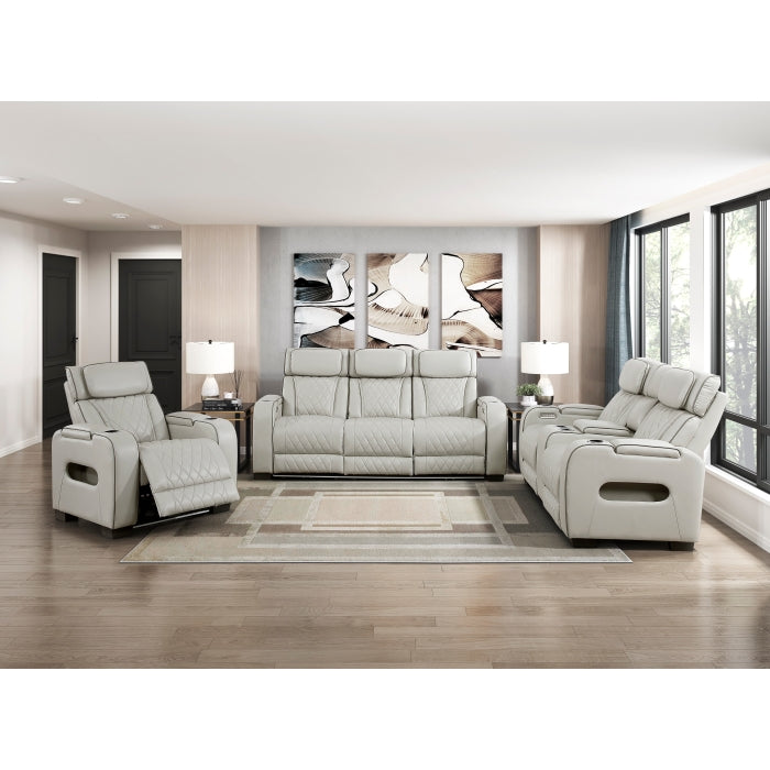 Fairway Collection Power Double Reclining Love Seat with Center Console, Power Headrests, Storage Arms(Top and Side), Cup holders, Charging Ports and LED lighting
