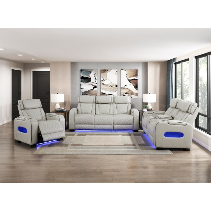 Fairway Collection Power Double Reclining Sofa with Center Drop-Down Cup Holders, Power Headrests, Storage Arms(Top and Side), Cup holders and Reading Lights, Two Wireless Chargers, Charging Ports and LED Lighting