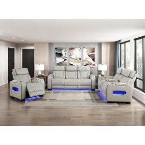 Fairway Collection Power Double Reclining Sofa with Center Drop-Down Cup Holders, Power Headrests, Storage Arms(Top and Side), Cup holders and Reading Lights, Two Wireless Chargers, Charging Ports and LED Lighting