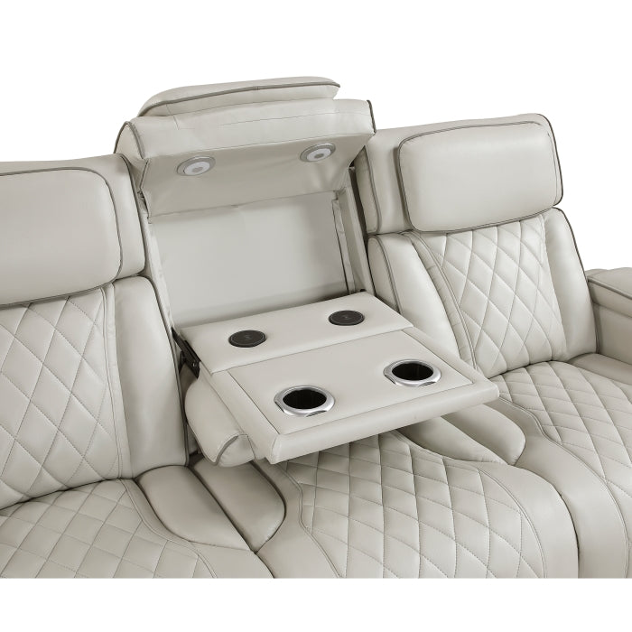 Fairway Collection Power Double Reclining Sofa with Center Drop-Down Cup Holders, Power Headrests, Storage Arms(Top and Side), Cup holders and Reading Lights, Two Wireless Chargers, Charging Ports and LED Lighting