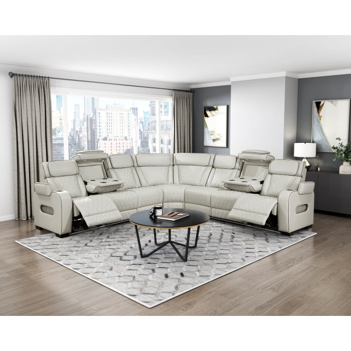 Fairway Collection 3-Piece Power Reclining Sectional with Center Drop-Down Cup Holders, Power Headrests, Storage Arms(Top and Side), Cup holders, Charging Ports, Reading Lights, Wireless Chargers, Charging Ports and LED Lighting