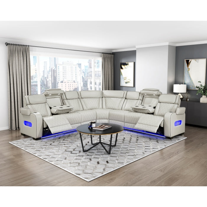 Fairway Collection 3-Piece Power Reclining Sectional with Center Drop-Down Cup Holders, Power Headrests, Storage Arms(Top and Side), Cup holders, Charging Ports, Reading Lights, Wireless Chargers, Charging Ports and LED Lighting