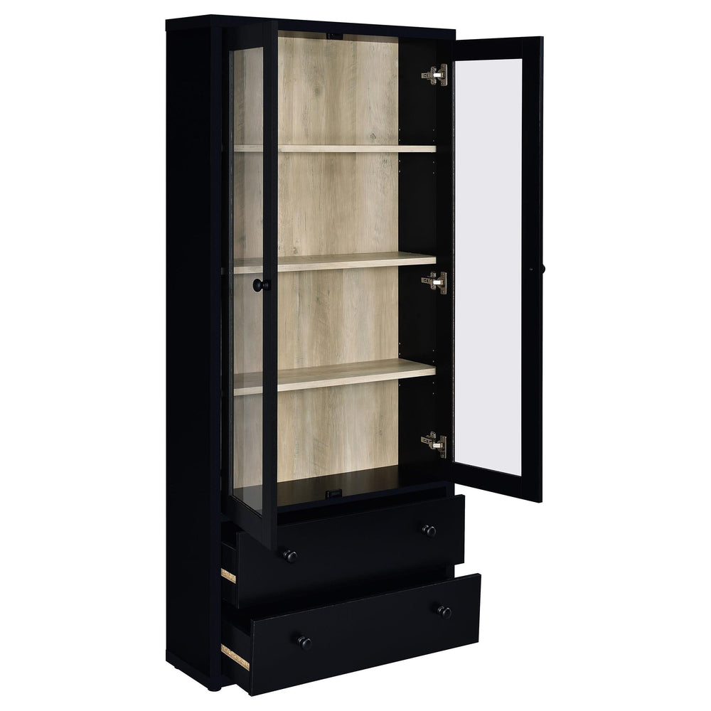 Vitrina Hawthorne de 4 estantes con puertas de vidrio y cajones, color negro