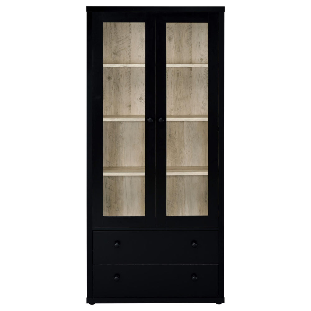 Vitrina Hawthorne de 4 estantes con puertas de vidrio y cajones, color negro