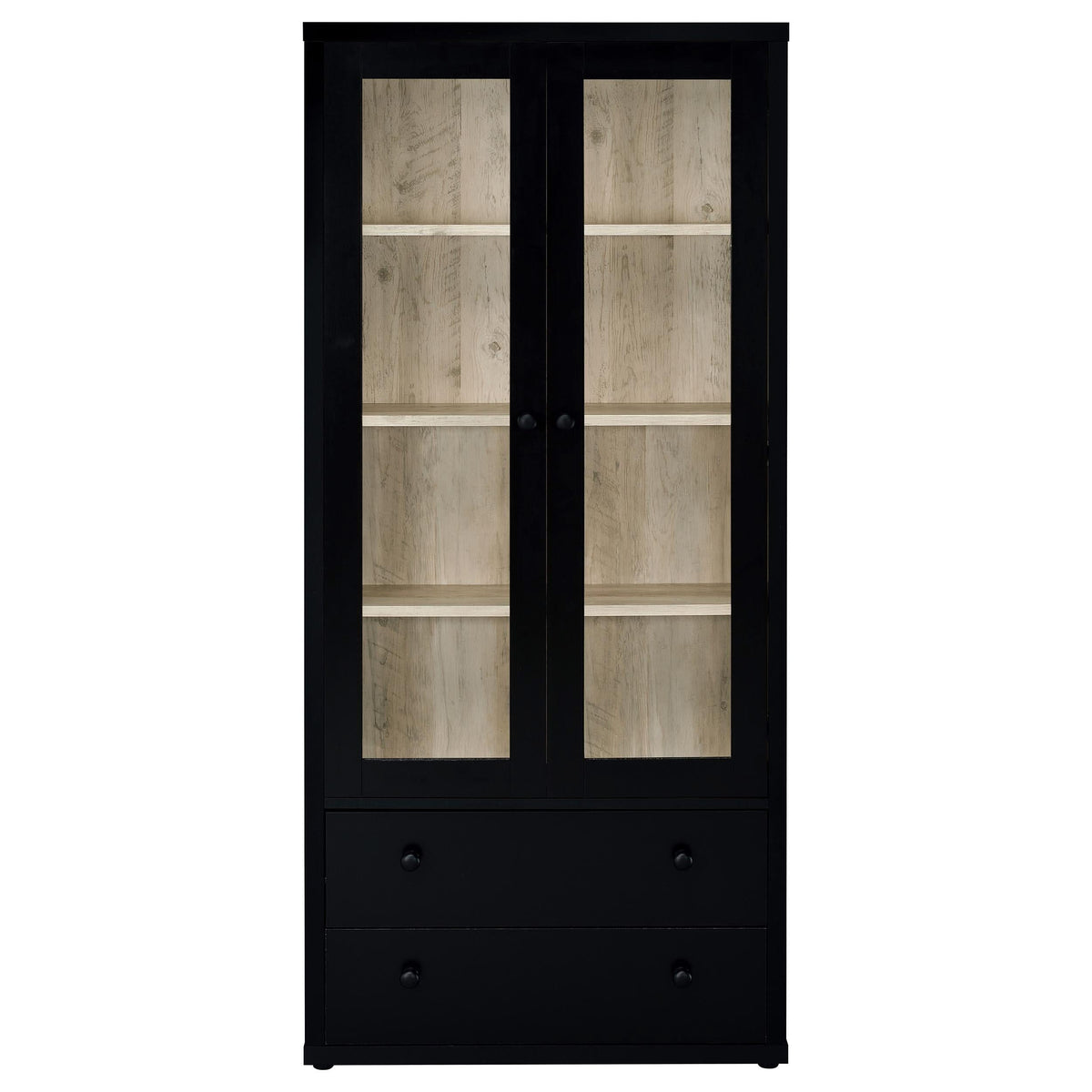 Vitrina Hawthorne de 4 estantes con puertas de vidrio y cajones, color negro