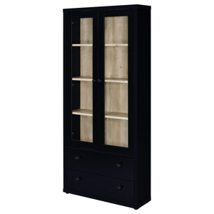 Vitrina Hawthorne de 4 estantes con puertas de vidrio y cajones, color negro