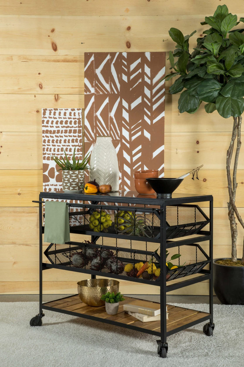Carrito de cocina Evander con cubierta de mármol y estantes extraíbles, color negro