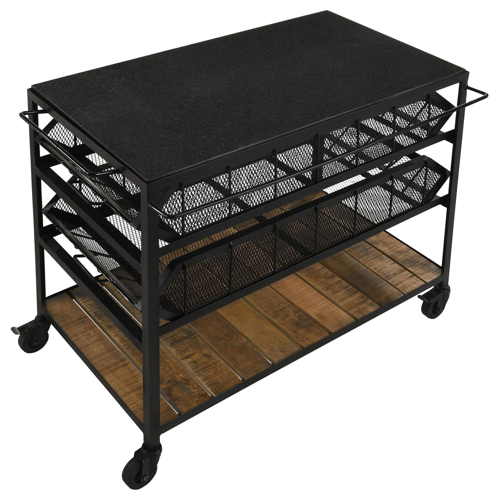 Carrito de cocina Evander con cubierta de mármol y estantes extraíbles, color negro