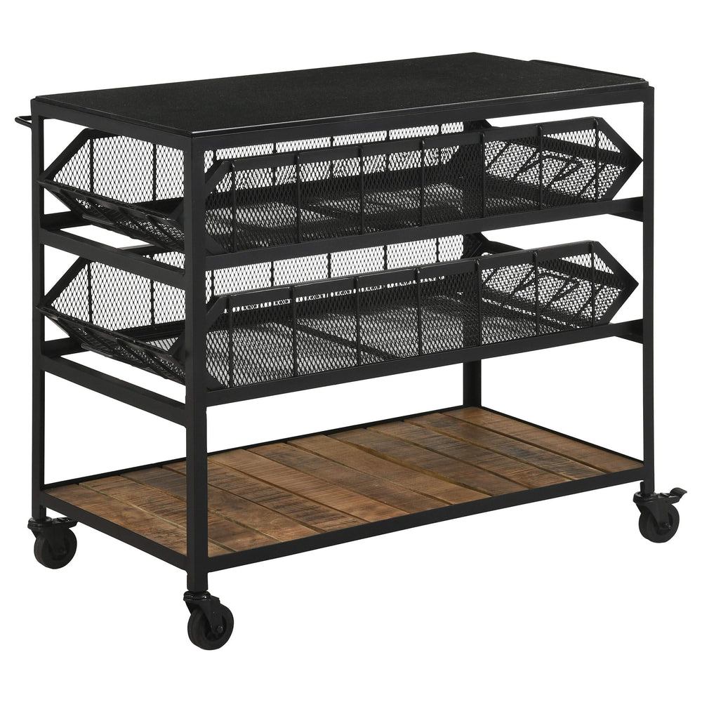 Carrito de cocina Evander con cubierta de mármol y estantes extraíbles, color negro