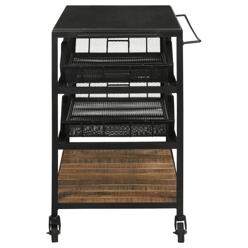 Carrito de cocina Evander con cubierta de mármol y estantes extraíbles, color negro