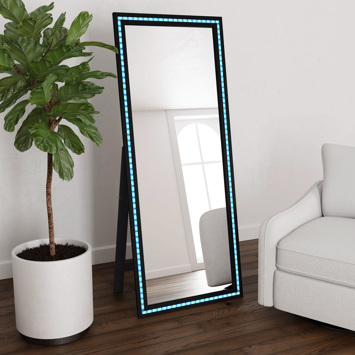 Espejo de pie Windrose LED templado de 28 x 67 pulgadas, negro