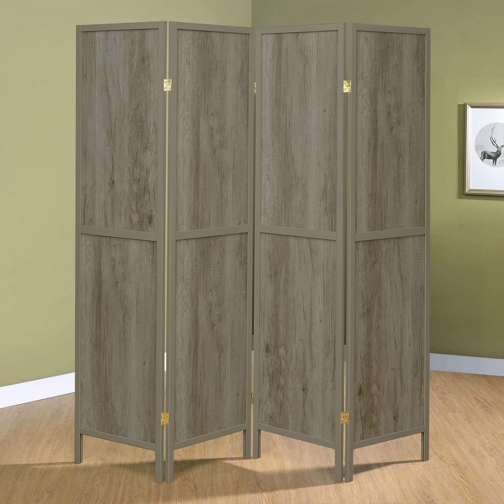 Biombo plegable de 4 paneles Deepika, madera flotante gris