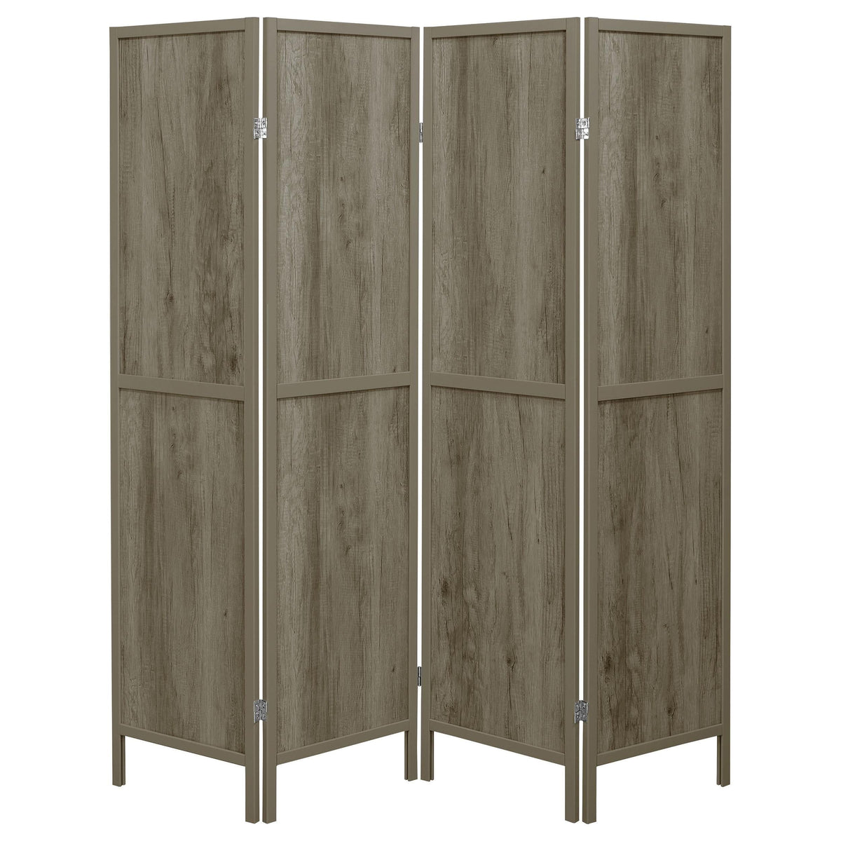 Biombo plegable de 4 paneles Deepika, madera flotante gris