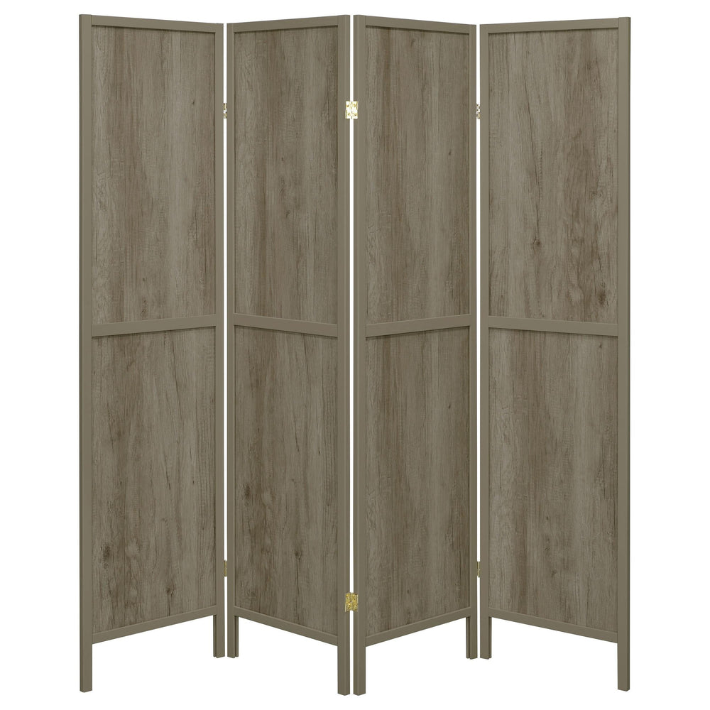 Biombo plegable de 4 paneles Deepika, madera flotante gris