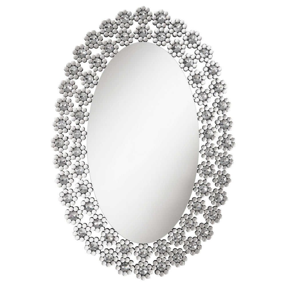 Espejo de pared ovalado Colleen de 31 x 47 pulgadas con flores de cristal plateadas