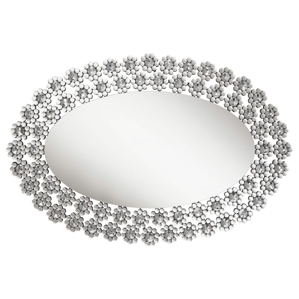 Espejo de pared ovalado Colleen de 31 x 47 pulgadas con flores de cristal plateadas