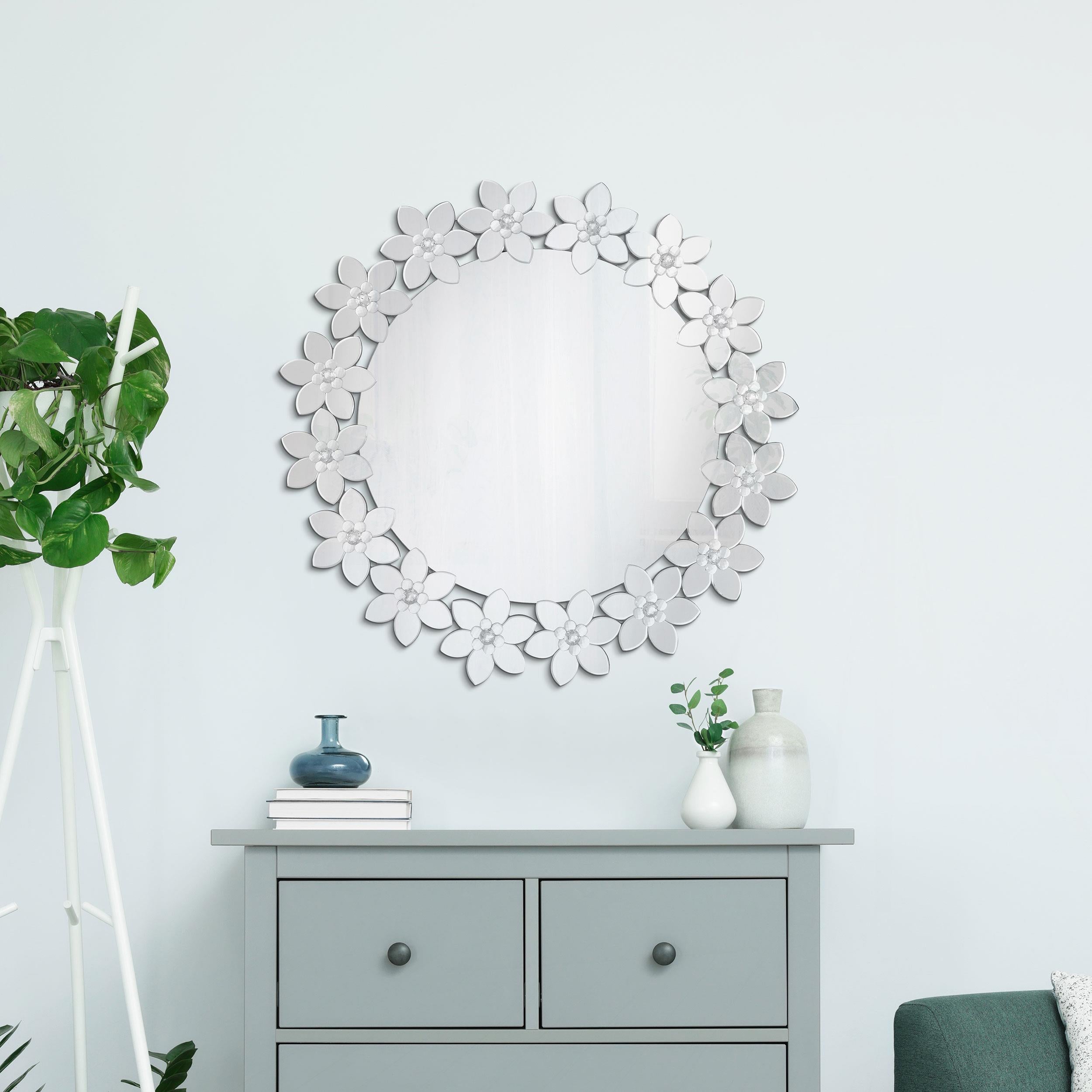 Cordelia 36 x 36 Inch Round Floral Wall Mirror Silver