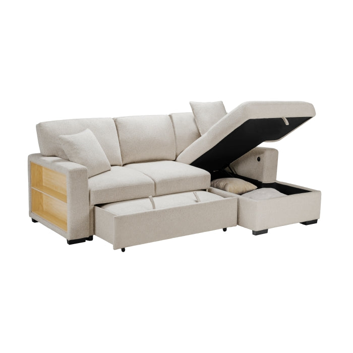 Pompano Collection Sectional with Right Chaise, Pull-out Bed, Hidden Storage and Shelves, Charging Ports